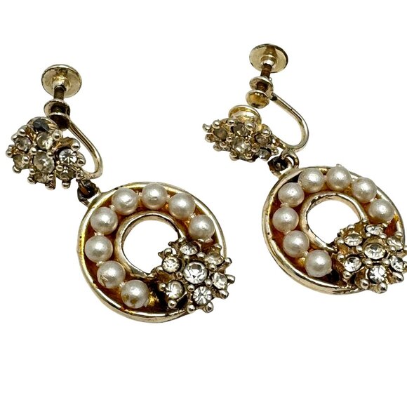 Vintage Screw-Back Pearl & Rhinestone Gold Tone Circle Drop Earrings - Picture 2 of 7